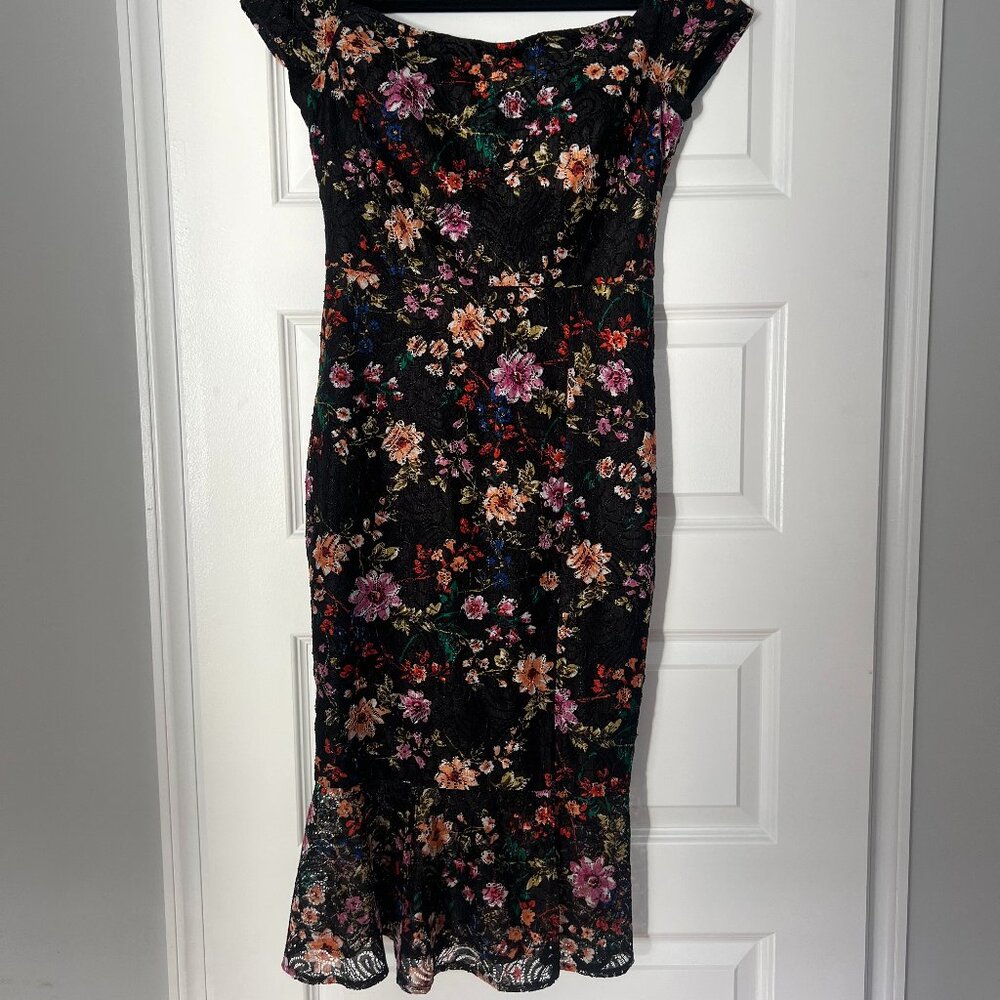 Guess Black Floral Midi Cocktail Dress Size 6